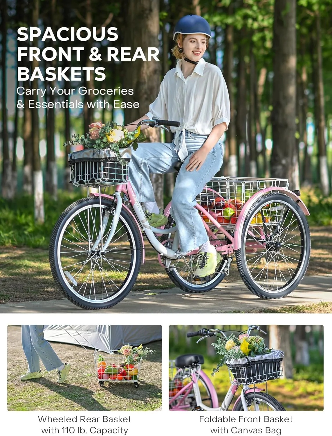Viribus Adult Tricycle, 7 Speed Tricycle for Adults with Front & Rear Removable Wheeled Baskets, 3 Wheel Bikes for Adults Seniors Women Men, Trikes 400lb. 24 26 inch