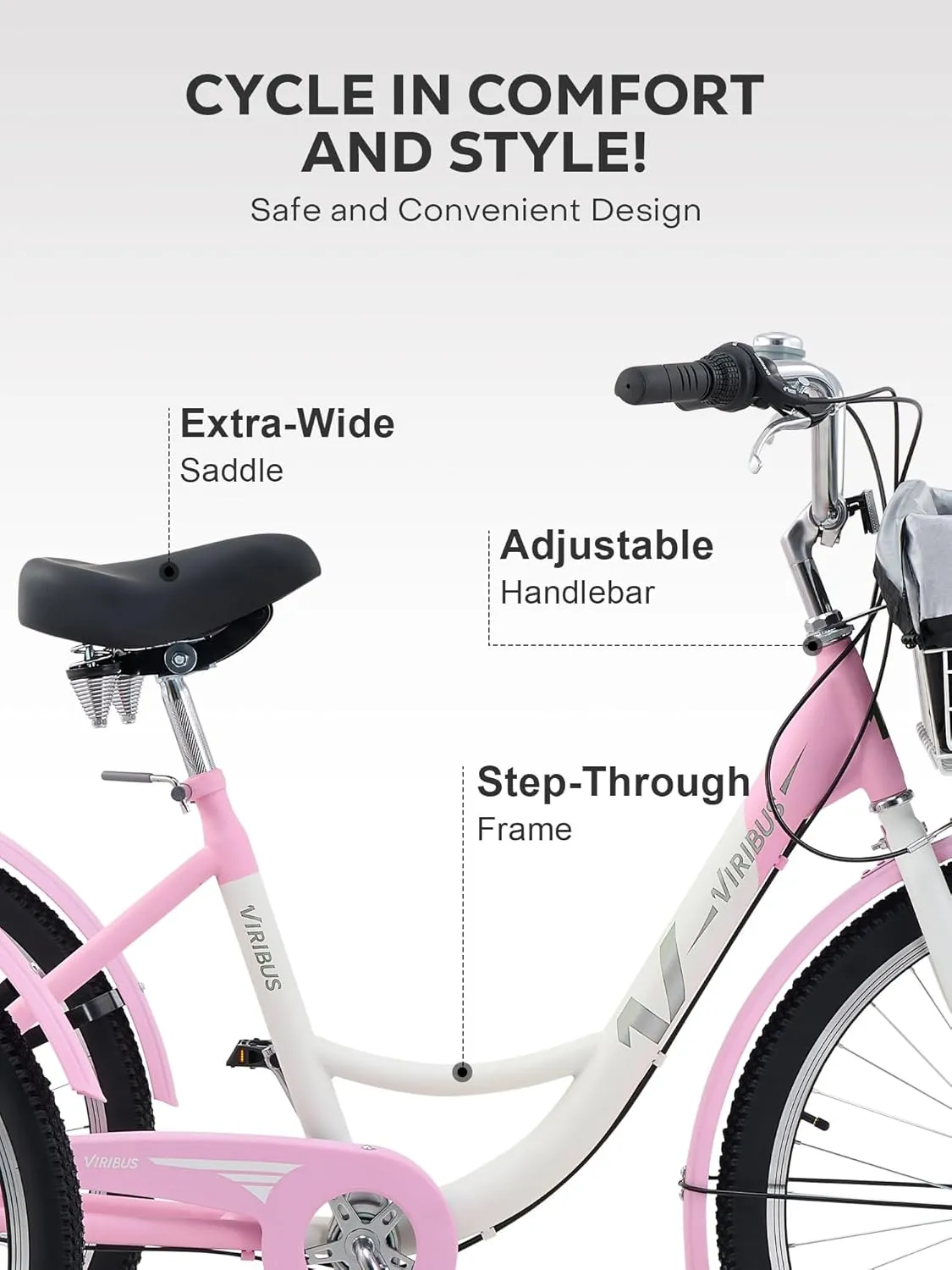 Viribus Adult Tricycle, 7 Speed Tricycle for Adults with Front & Rear Removable Wheeled Baskets, 3 Wheel Bikes for Adults Seniors Women Men, Trikes 400lb. 24 26 inch