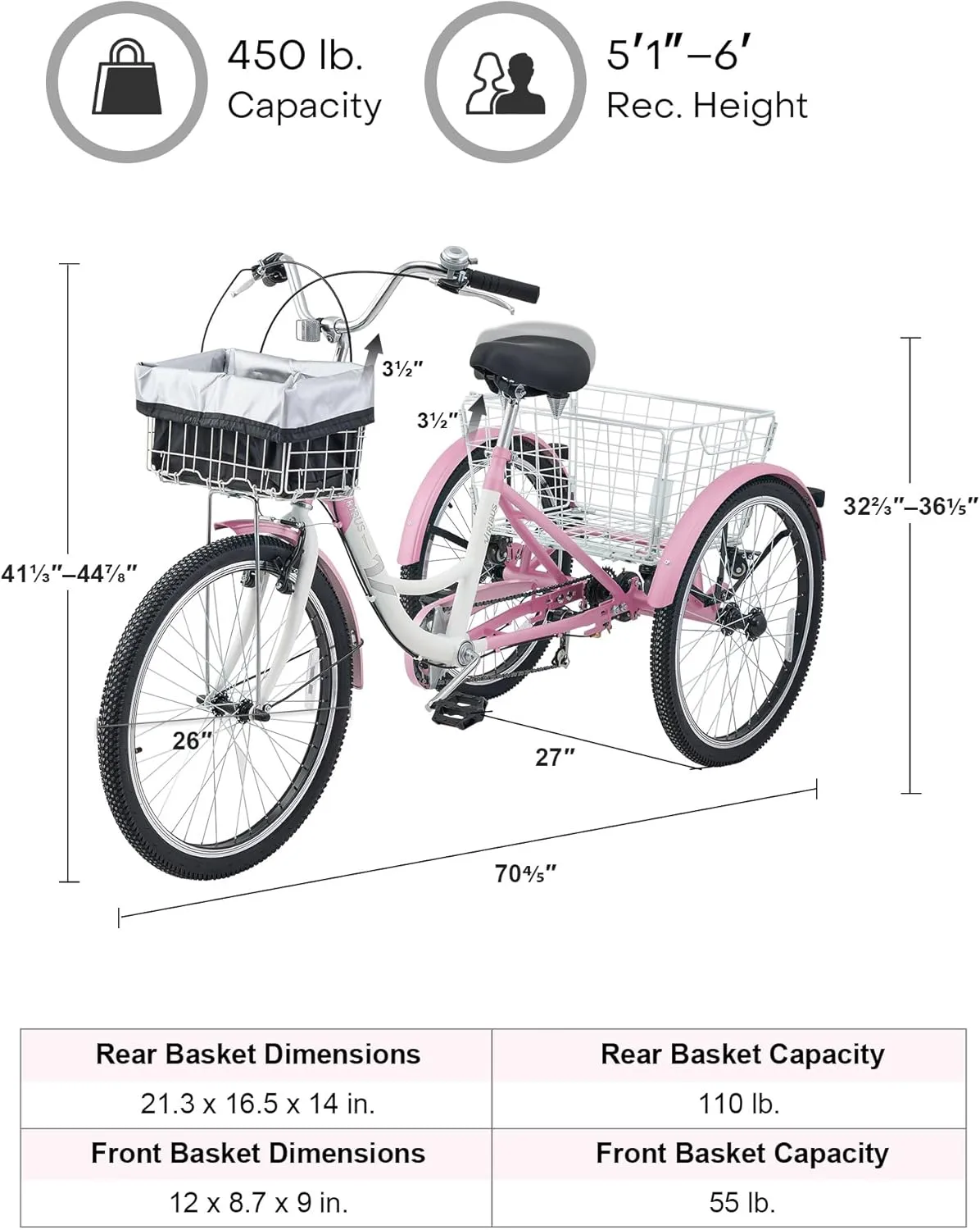Viribus Adult Tricycle, 7 Speed Tricycle for Adults with Front & Rear Removable Wheeled Baskets, 3 Wheel Bikes for Adults Seniors Women Men, Trikes 400lb. 24 26 inch
