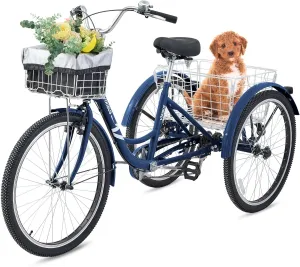 Viribus Adult Tricycle, 7 Speed Tricycle for Adults with Front & Rear Removable Wheeled Baskets, 3 Wheel Bikes for Adults Seniors Women Men, Trikes 400lb. 24 26 inch