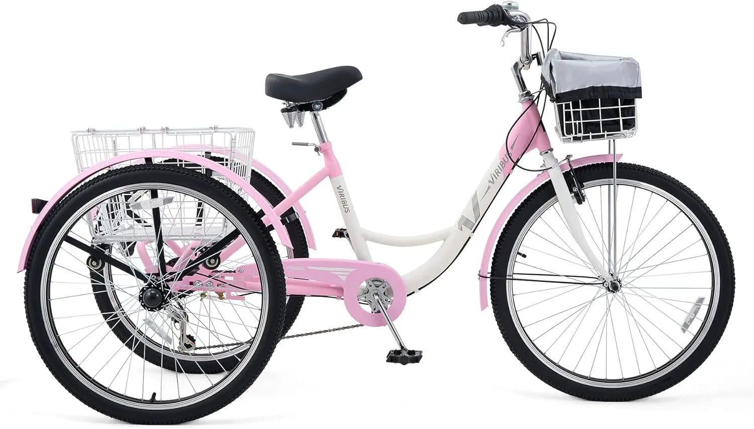 Viribus Adult Tricycle, 7 Speed Tricycle for Adults with Front & Rear Removable Wheeled Baskets, 3 Wheel Bikes for Adults Seniors Women Men, Trikes 400lb. 24 26 inch