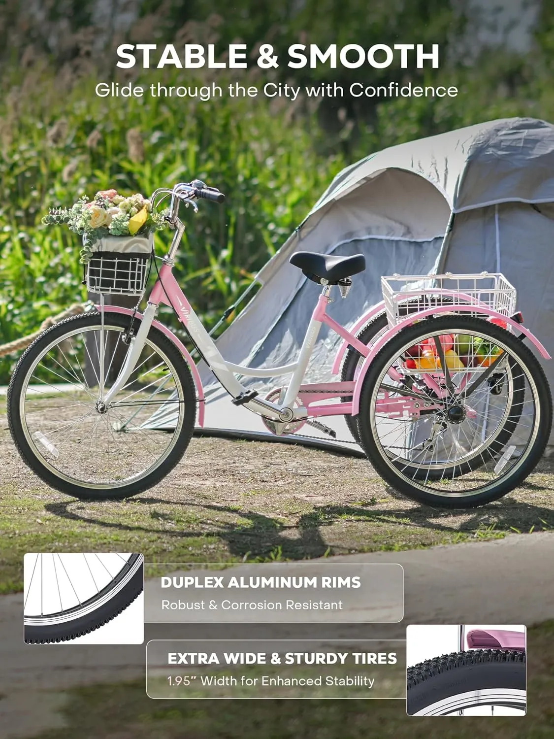 Viribus Adult Tricycle, 7 Speed Tricycle for Adults with Front & Rear Removable Wheeled Baskets, 3 Wheel Bikes for Adults Seniors Women Men, Trikes 400lb. 24 26 inch