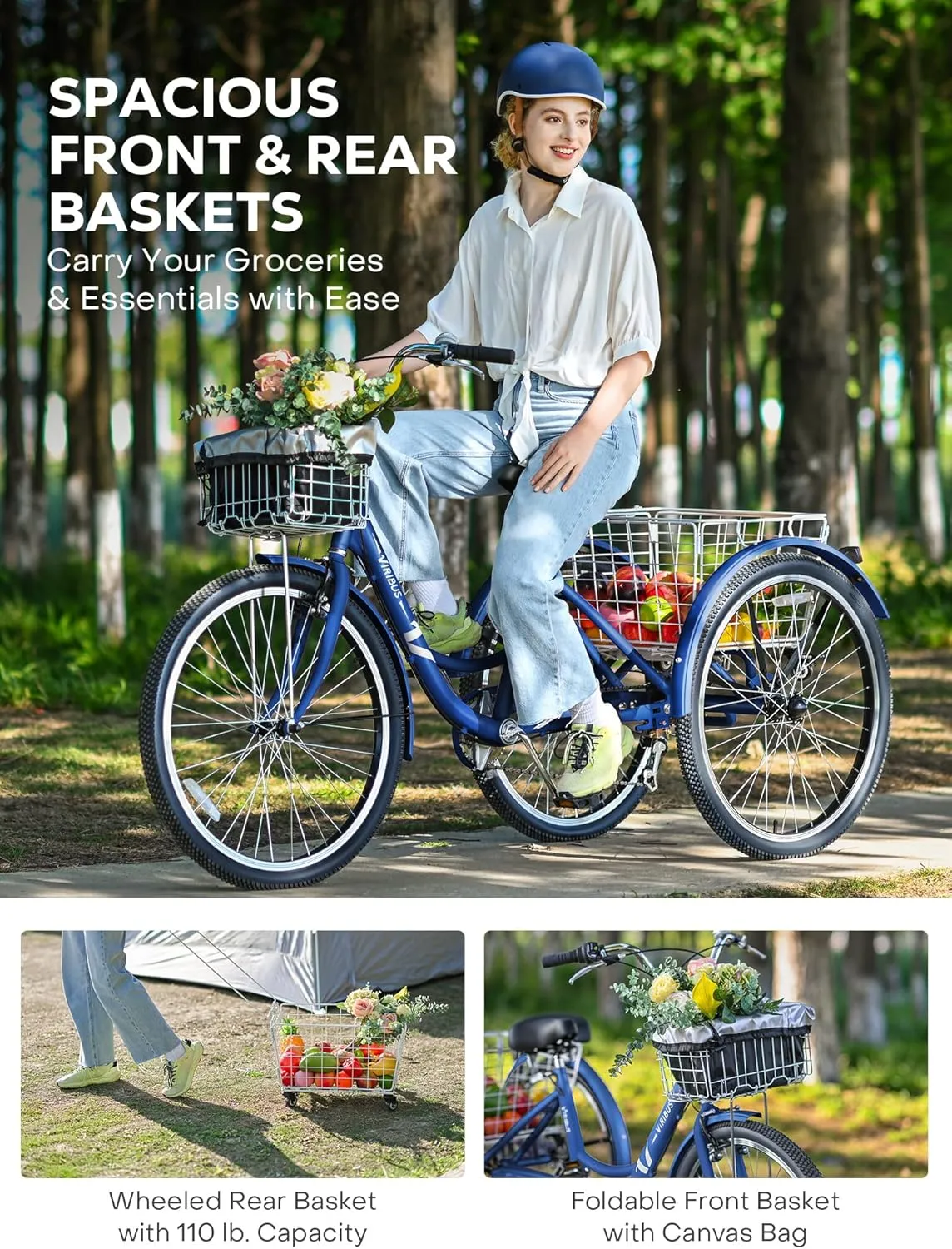 Viribus Adult Tricycle, 7 Speed Tricycle for Adults with Front & Rear Removable Wheeled Baskets, 3 Wheel Bikes for Adults Seniors Women Men, Trikes 400lb. 24 26 inch