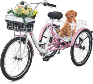 Viribus Adult Tricycle, 7 Speed Tricycle for Adults with Front & Rear Removable Wheeled Baskets, 3 Wheel Bikes for Adults Seniors Women Men, Trikes 400lb. 24 26 inch