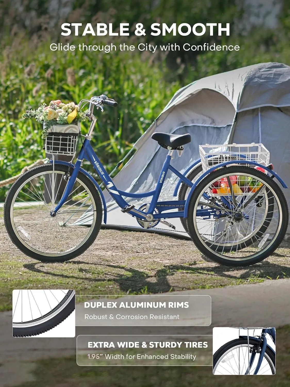Viribus Adult Tricycle, 7 Speed Tricycle for Adults with Front & Rear Removable Wheeled Baskets, 3 Wheel Bikes for Adults Seniors Women Men, Trikes 400lb. 24 26 inch