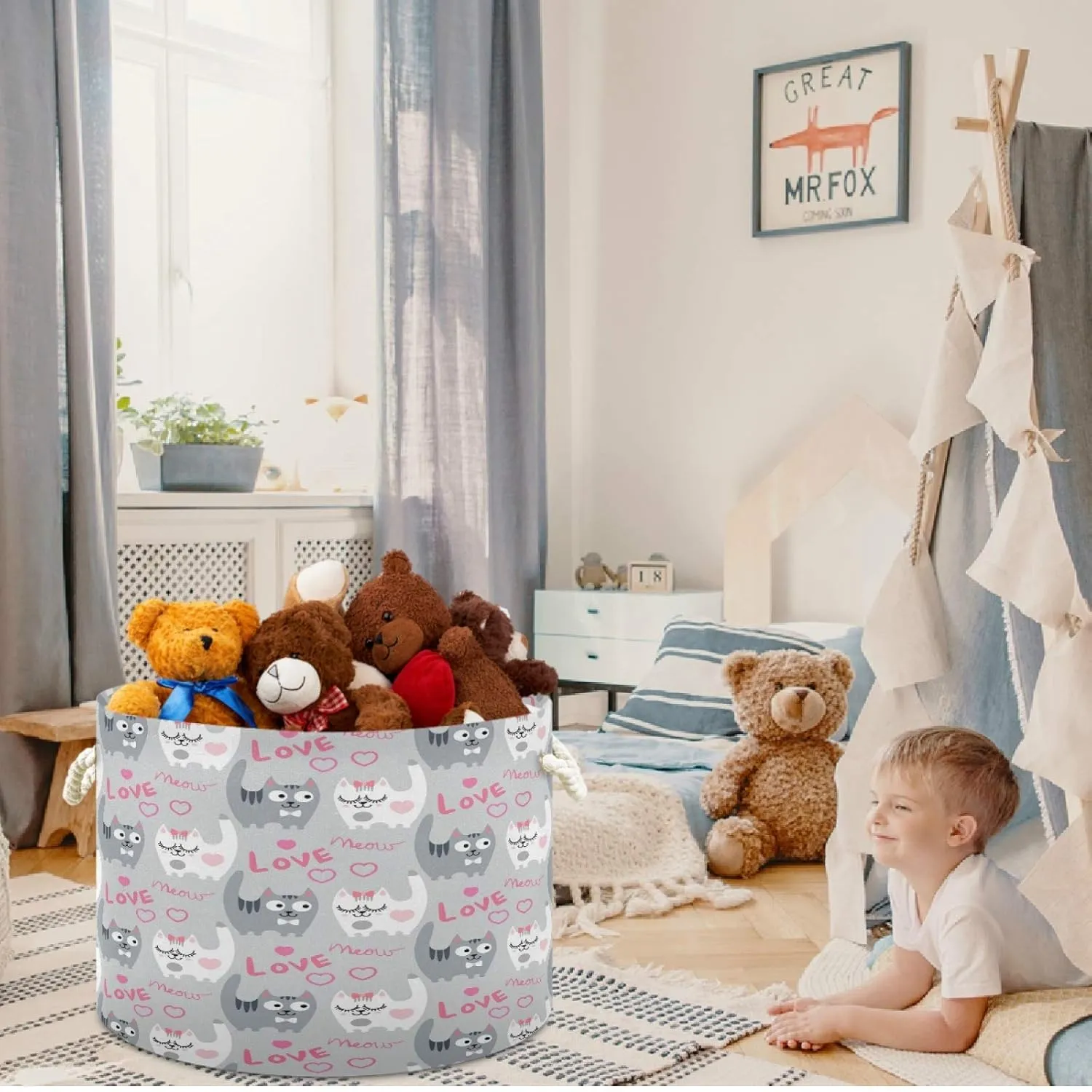visesunny Storage Basket Love Cat Nursery Hamper Canvas Fabric Toy Storage Organizer Bin Storage Box Laundry Basket for Kid Rooms,Playroom,Shelves,Toy Basket