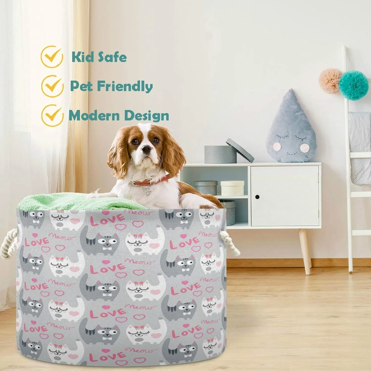 visesunny Storage Basket Love Cat Nursery Hamper Canvas Fabric Toy Storage Organizer Bin Storage Box Laundry Basket for Kid Rooms,Playroom,Shelves,Toy Basket
