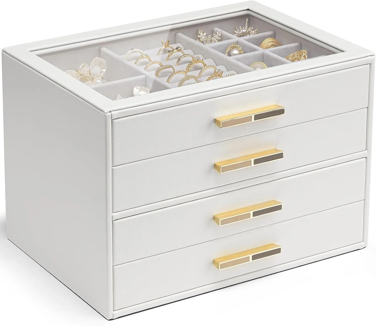 Vlando Jewelry Box for Women, Glass Lid Jewelry Organizer with 4 Drawers for Necklaces Rings Earrings Bracelets Christmas Gift - White
