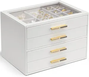 Vlando Jewelry Box for Women, Glass Lid Jewelry Organizer with 4 Drawers for Necklaces Rings Earrings Bracelets Christmas Gift - White