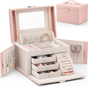 Vlando Jewelry Box Organizer for Girls Women, Large Baroque Jewelry Holder Organizer with Mirror, 3 Drawers for Bracelets, Earrings, Rings, Necklaces, Mothers Day for Loved One, Pink