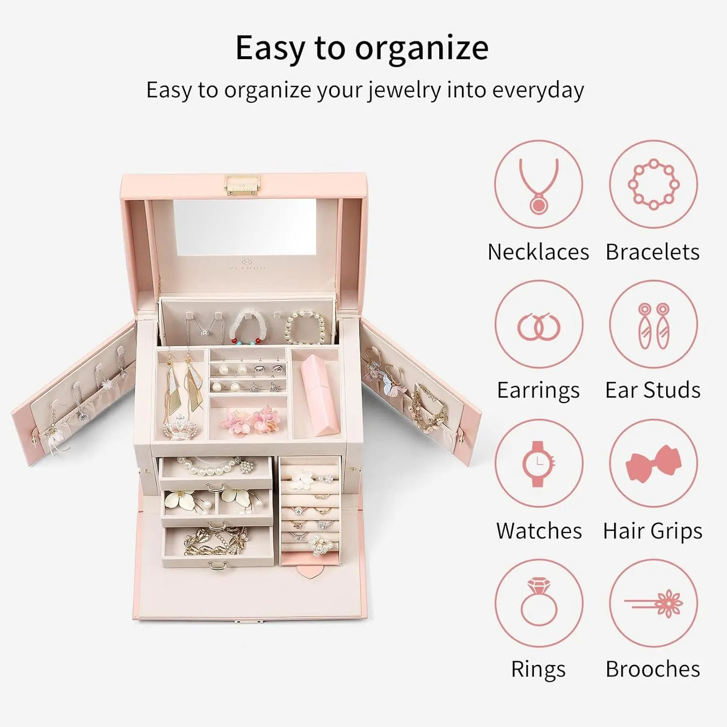 Vlando Jewelry Box Organizer for Girls Women, Large Baroque Jewelry Holder Organizer with Mirror, 3 Drawers for Bracelets, Earrings, Rings, Necklaces, Mothers Day for Loved One, Pink