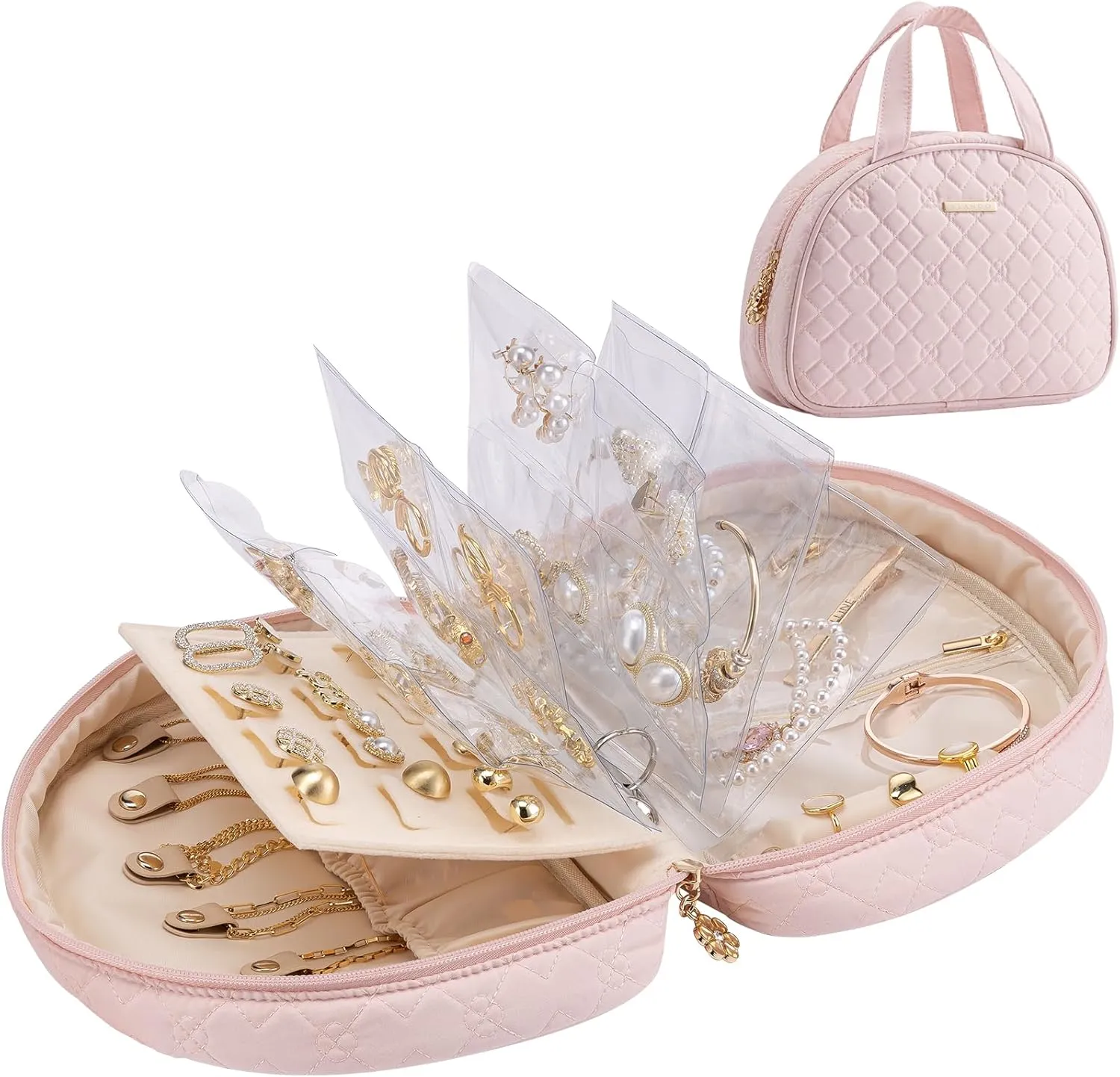 Vlando Jewelry Travel Organizer Case, Jewelry Storage Book Ring Binder with Jewelry Bags Clear Booklet Zipper Pouch Bag for Necklaces, Earrings, Rings, Bracelets, Christmas Gift for Women, Pink