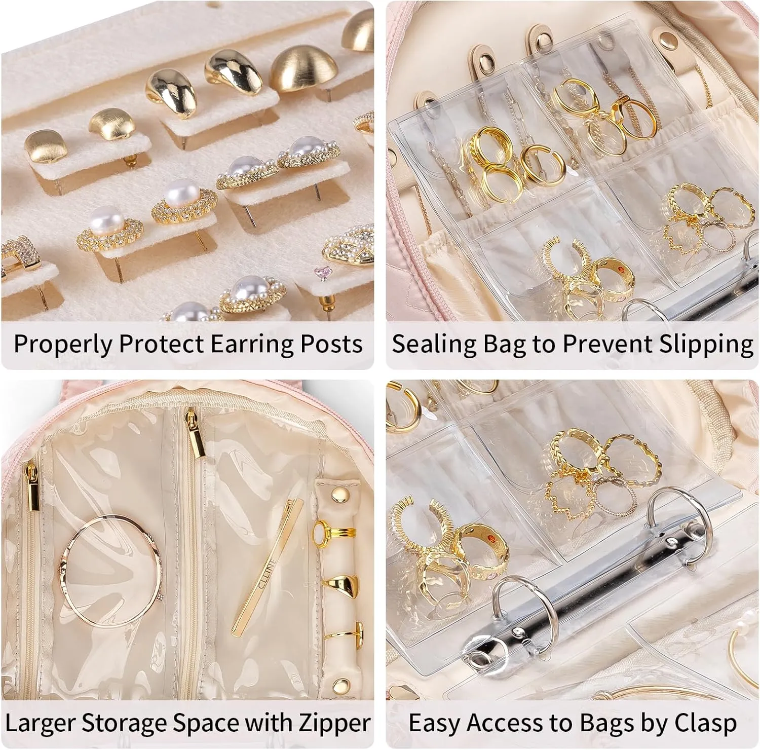 Vlando Jewelry Travel Organizer Case, Jewelry Storage Book Ring Binder with Jewelry Bags Clear Booklet Zipper Pouch Bag for Necklaces, Earrings, Rings, Bracelets, Christmas Gift for Women, Pink