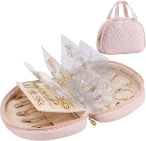 Vlando Jewelry Travel Organizer Case, Jewelry Storage Book Ring Binder with Jewelry Bags Clear Booklet Zipper Pouch Bag for Necklaces, Earrings, Rings, Bracelets, Christmas Gift for Women, Pink