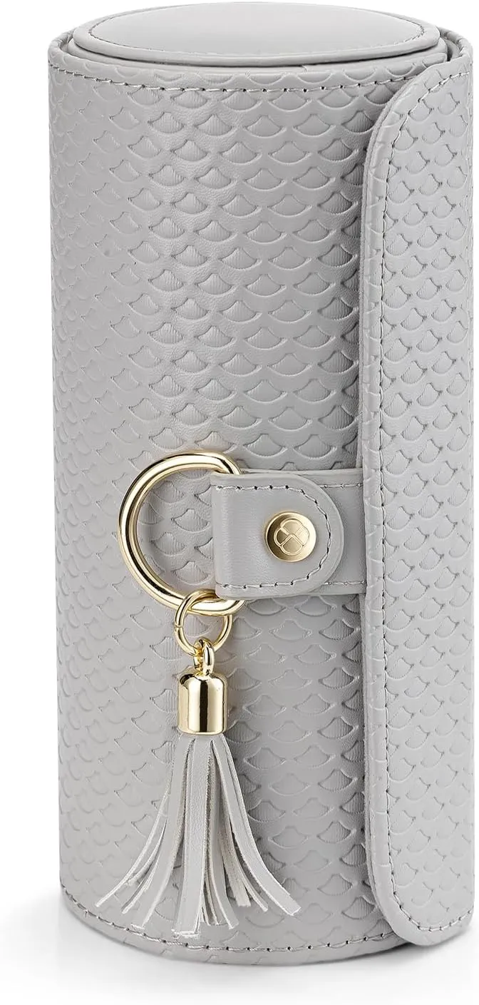Vlando Small Travel Jewelry Roll Organizer, Leather Jewelry Holder Pouch for Daily Jewelry Storage and Carrying (Light Gray w/Pattern)