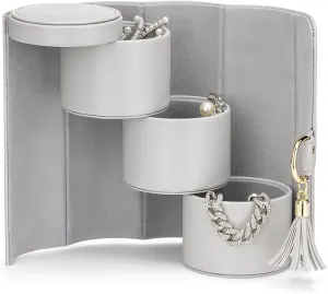 Vlando Small Travel Jewelry Roll Organizer, Leather Jewelry Holder Pouch for Daily Jewelry Storage and Carrying (Light Gray w/Pattern)