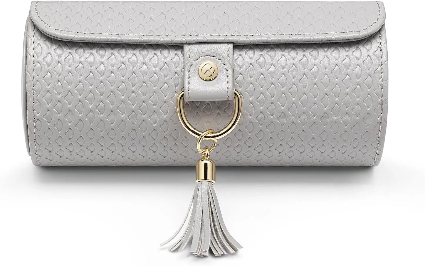 Vlando Small Travel Jewelry Roll Organizer, Leather Jewelry Holder Pouch for Daily Jewelry Storage and Carrying (Light Gray w/Pattern)