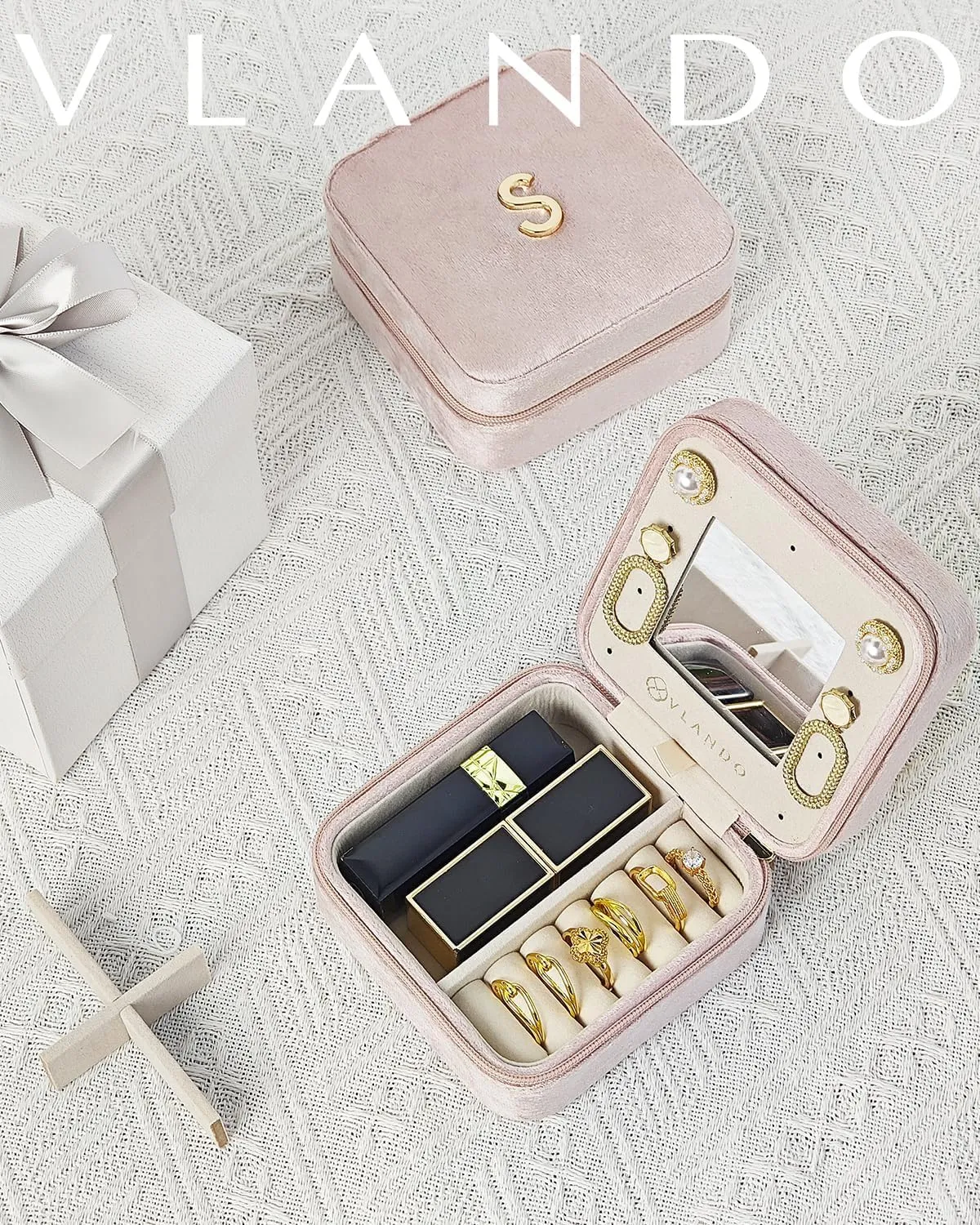 Vlando Travel Essentials for Women Jewelry Box, Travel Accessories for Teen Girl Trendy Stuff, Necklace Organizer Earrings Ring Organizer, Travel Must Have Jewelry Organizer - Letter C, Pink