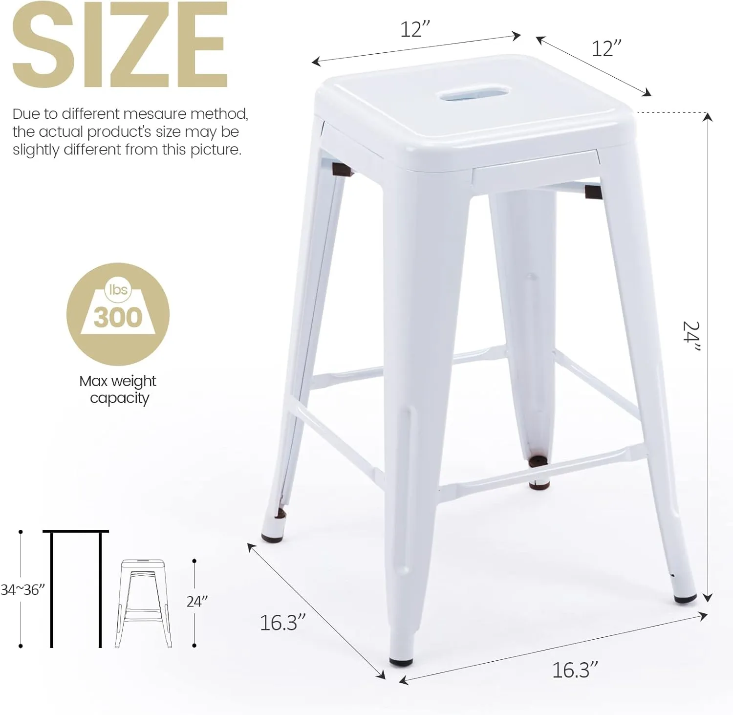 Vogue Furniture Direct 24" High Bar Stools Backless White Metal Barstools Indoor-Outdoor Counter Height Stools with Square Seat, Set of 2 - VF1571004