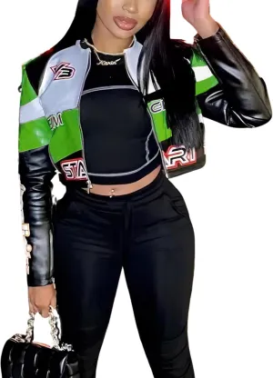 VOIKERDR Leather Jacket Women Zipper Moto Biker Short Leather Jacket Women Bomber Jacket Women Faux Leather Jacket