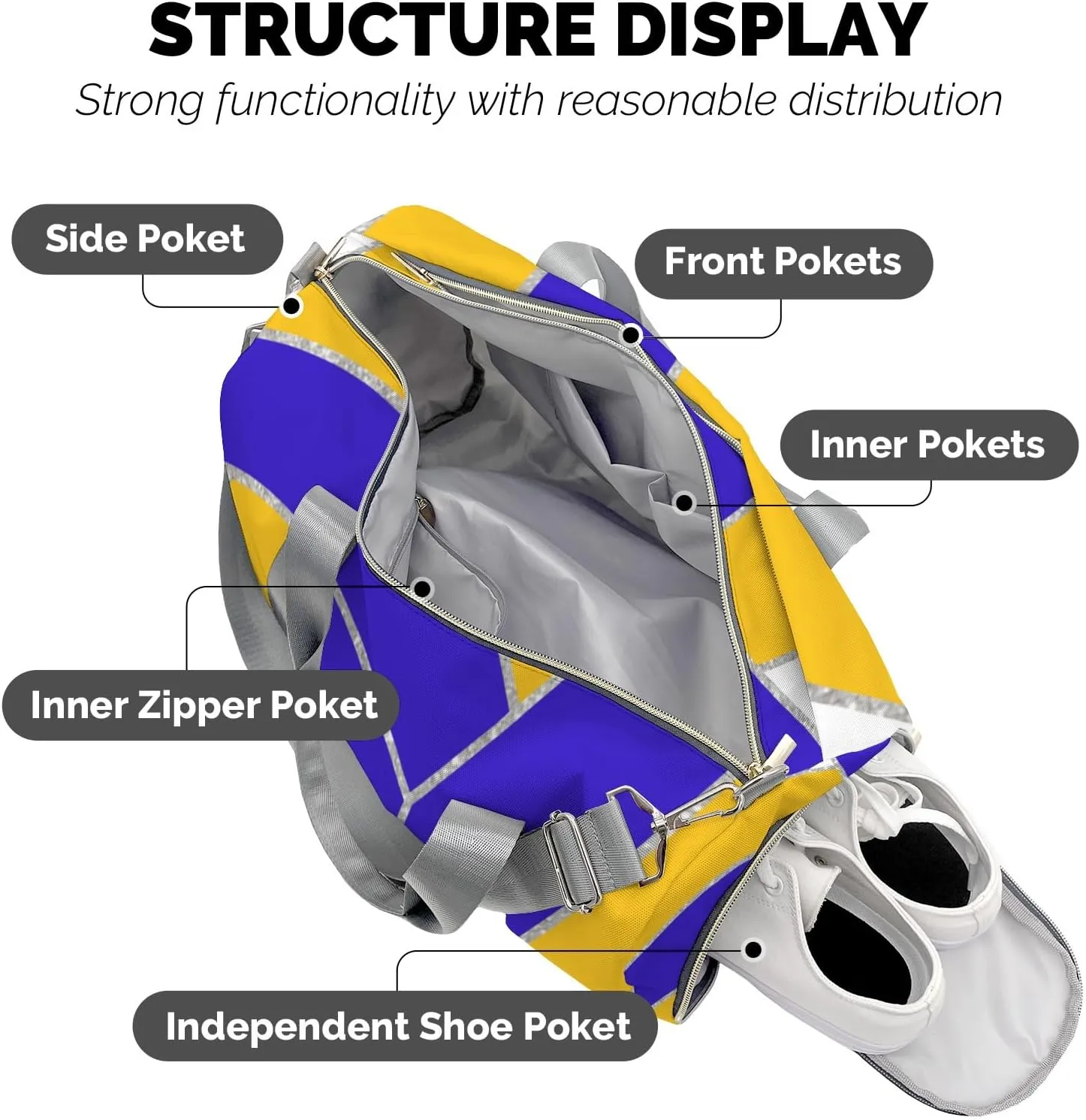 Volleyball Sports Duffel Bag Travel Duffle Gym Bags Weekender Bag with Shoe Compartments (Blue Yellow White)