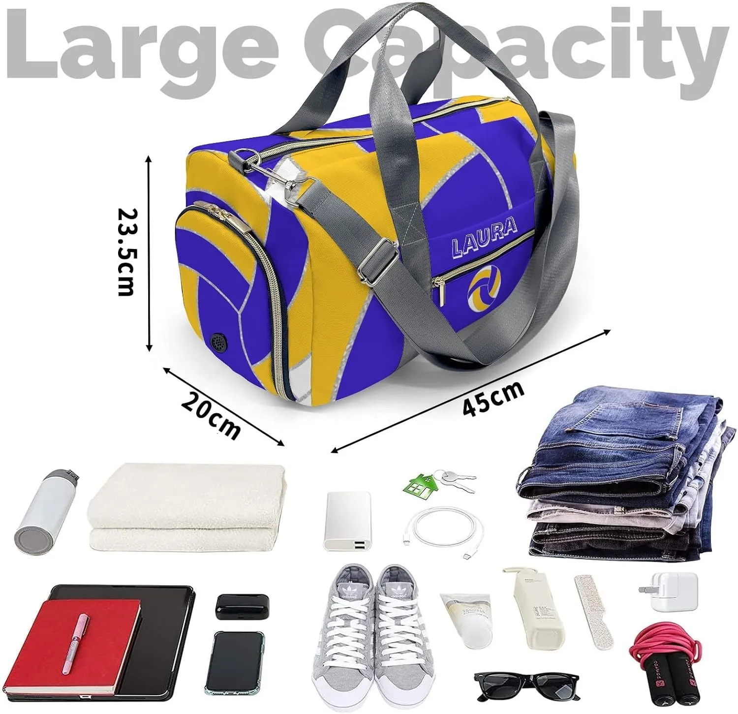Volleyball Sports Duffel Bag Travel Duffle Gym Bags Weekender Bag with Shoe Compartments (Blue Yellow White)