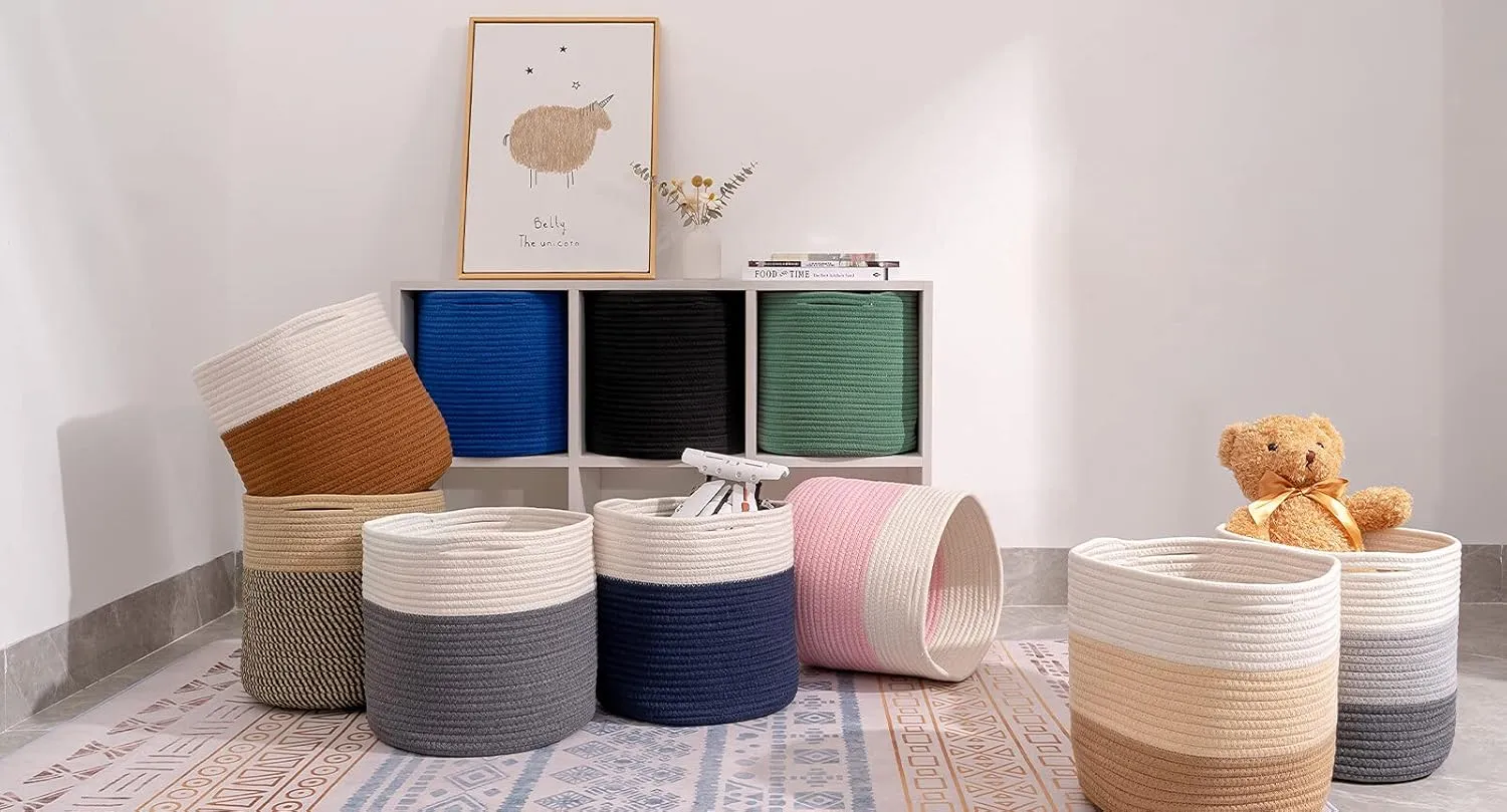 voten Storage Cubes Baskets Bins Organizer 11x11x11'' Fit 12x12''Cube Storage Organizer Bookcases Shelf,Durable Woven Cotton Storage Basket for Organizing,Round 3Pack Camel/Mixed Black