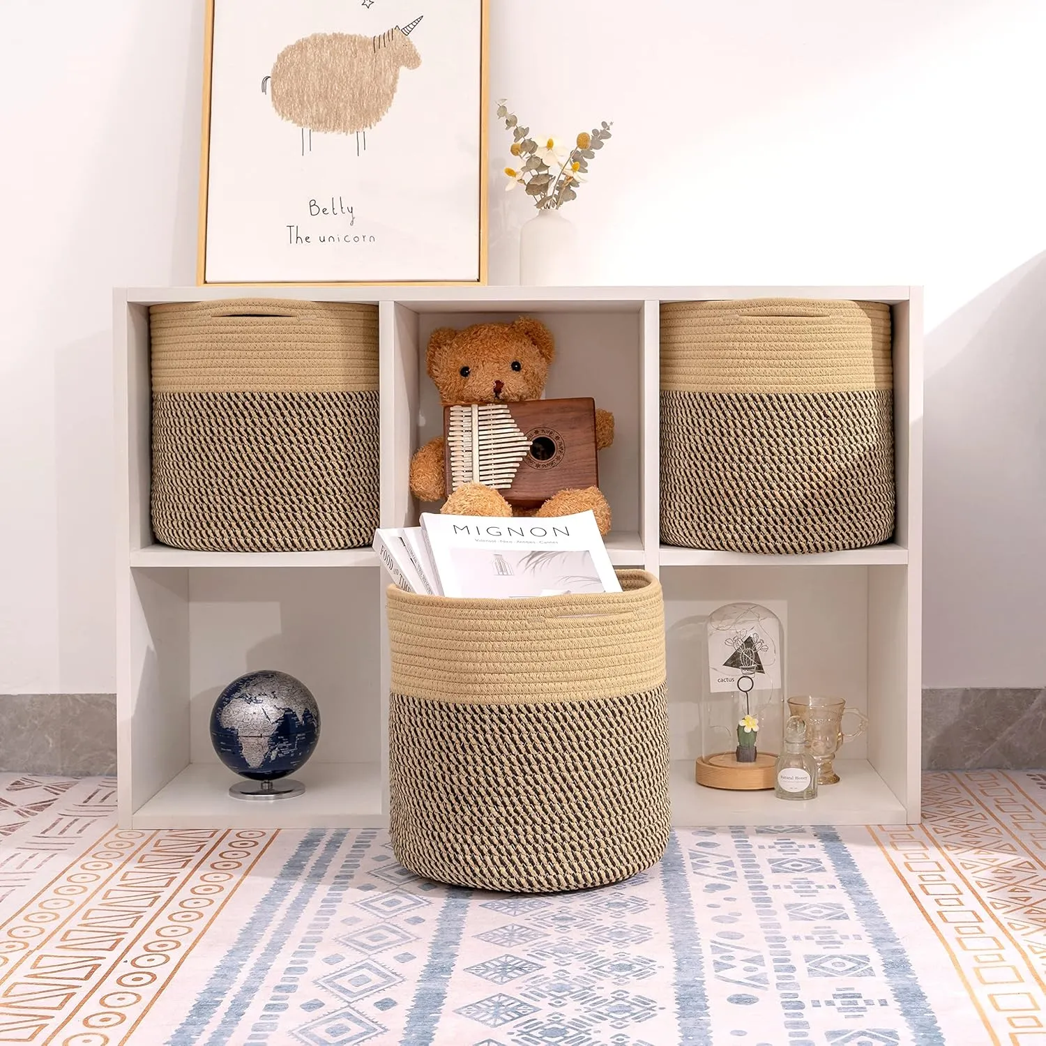 voten Storage Cubes Baskets Bins Organizer 11x11x11'' Fit 12x12''Cube Storage Organizer Bookcases Shelf,Durable Woven Cotton Storage Basket for Organizing,Round 3Pack Camel/Mixed Black