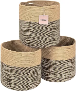 voten Storage Cubes Baskets Bins Organizer 11x11x11'' Fit 12x12''Cube Storage Organizer Bookcases Shelf,Durable Woven Cotton Storage Basket for Organizing,Round 3Pack Camel/Mixed Black