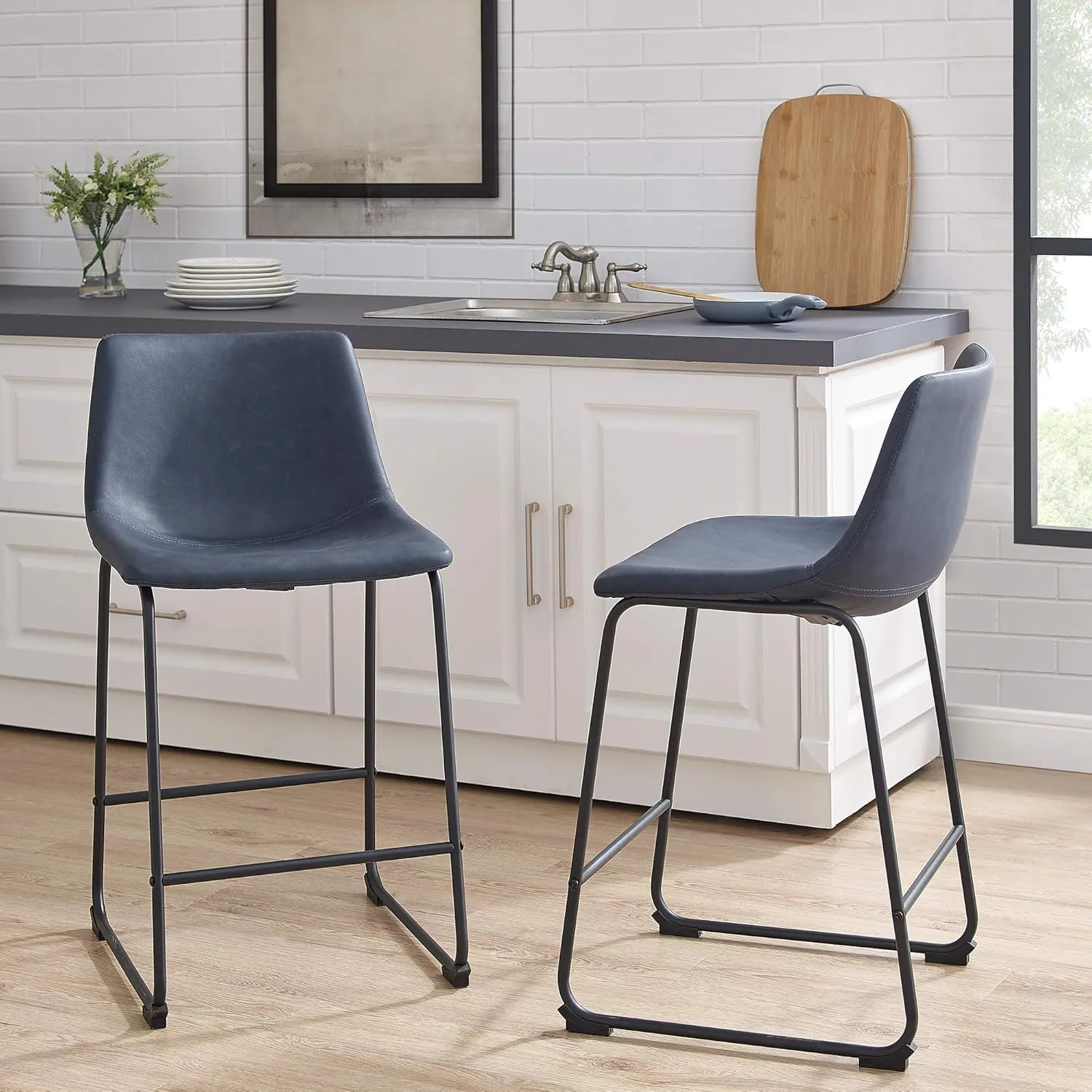 Walker Edison Urban Modern Upholstered Faux Leather Armless Counter Stools with Powder-Coated Steel Base, Set of 2, Navy Blue