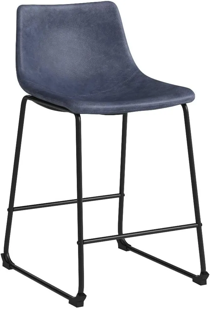 Walker Edison Urban Modern Upholstered Faux Leather Armless Counter Stools with Powder-Coated Steel Base, Set of 2, Navy Blue