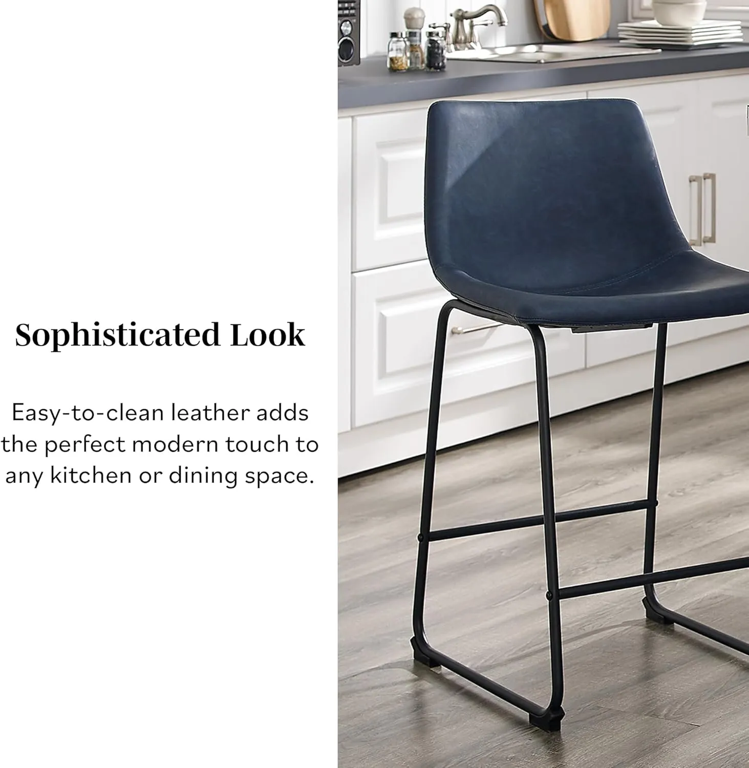Walker Edison Urban Modern Upholstered Faux Leather Armless Counter Stools with Powder-Coated Steel Base, Set of 2, Navy Blue
