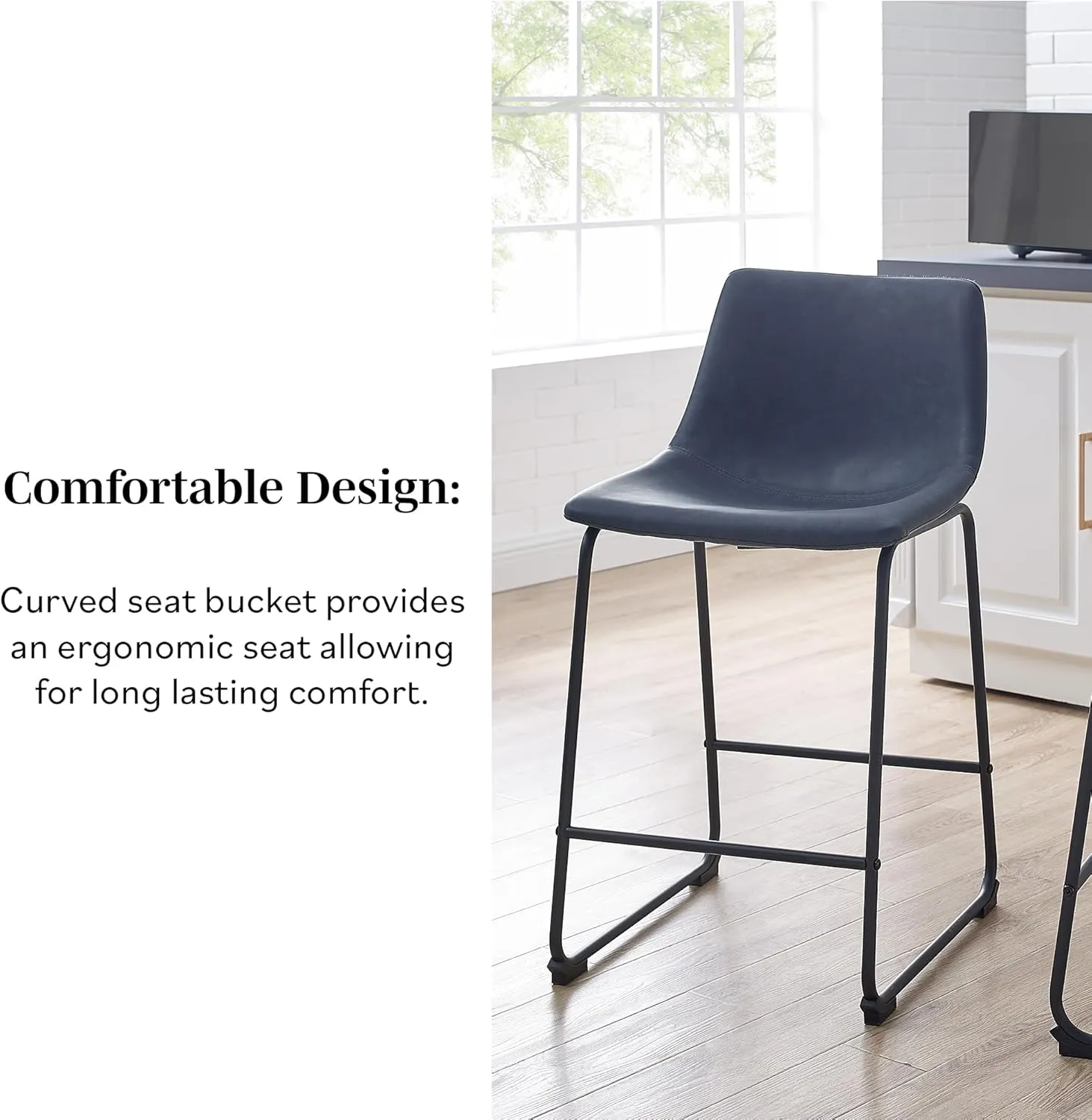 Walker Edison Urban Modern Upholstered Faux Leather Armless Counter Stools with Powder-Coated Steel Base, Set of 2, Navy Blue