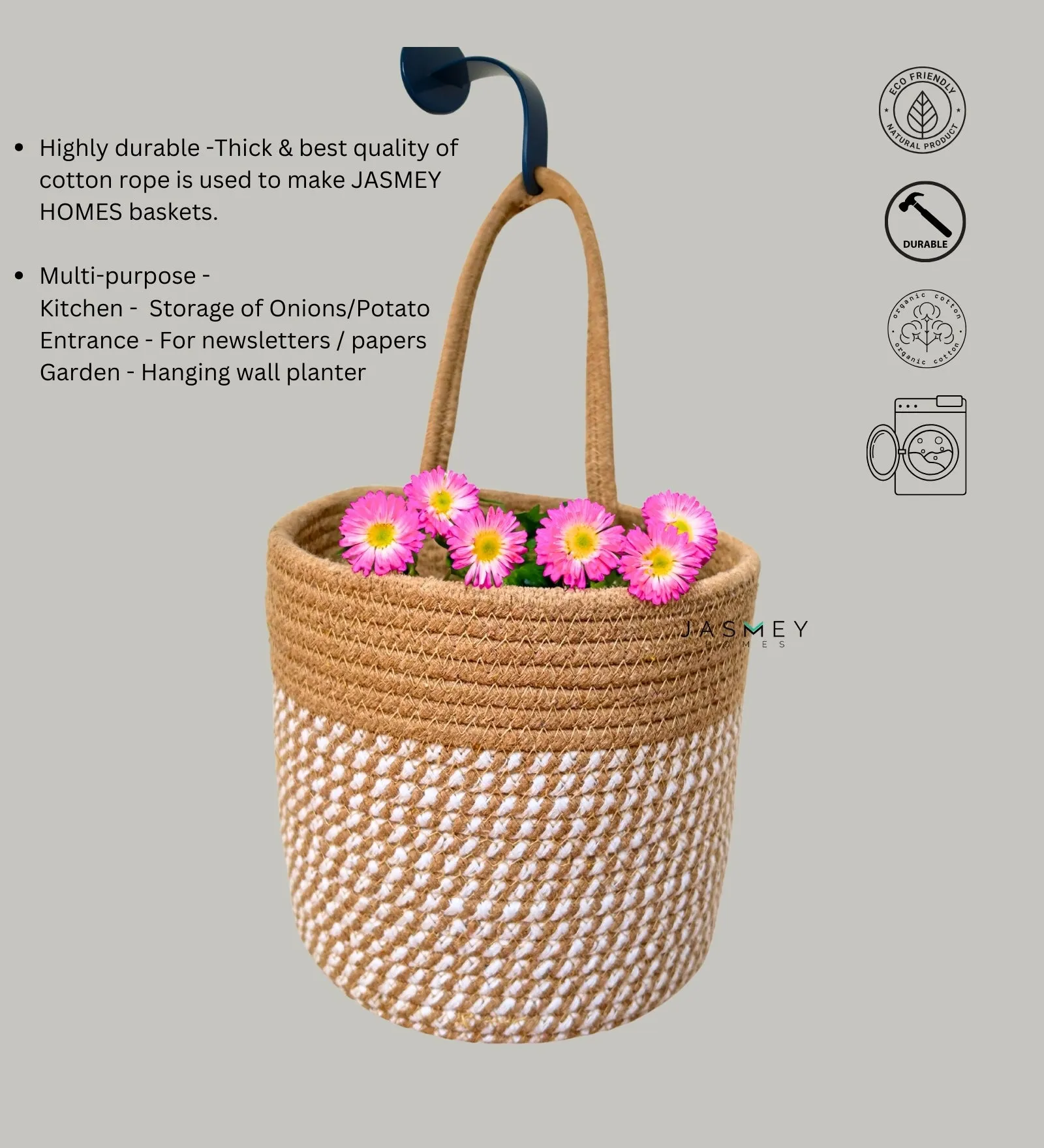 Wall Hanging Storage Basket-  White & Beige