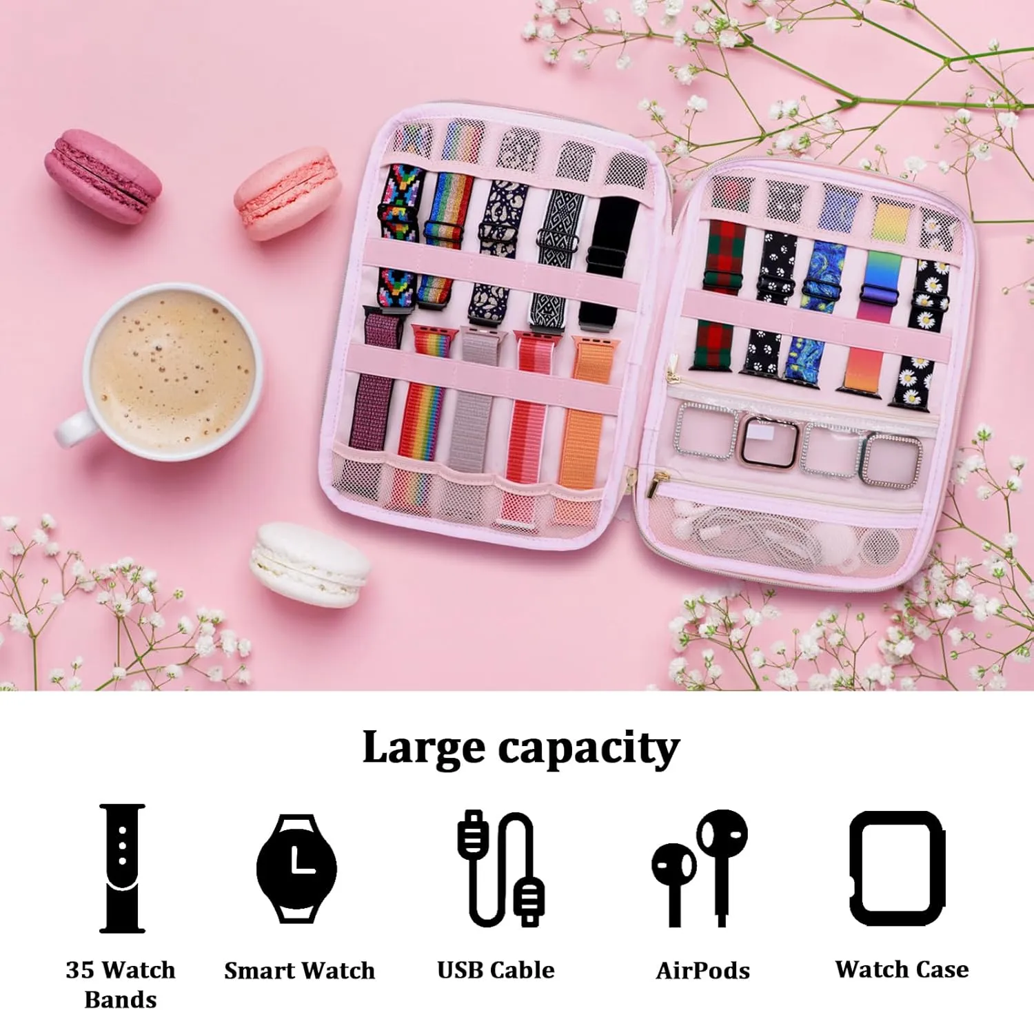 Watch Band Case Organizer for Apple Watch Band, Soft Velvet Watch Band Holder for 35 Watch Straps, Portable Travel Storage Bag for iWatch Band, Pin, Headphone& Other Accessories (Pink)