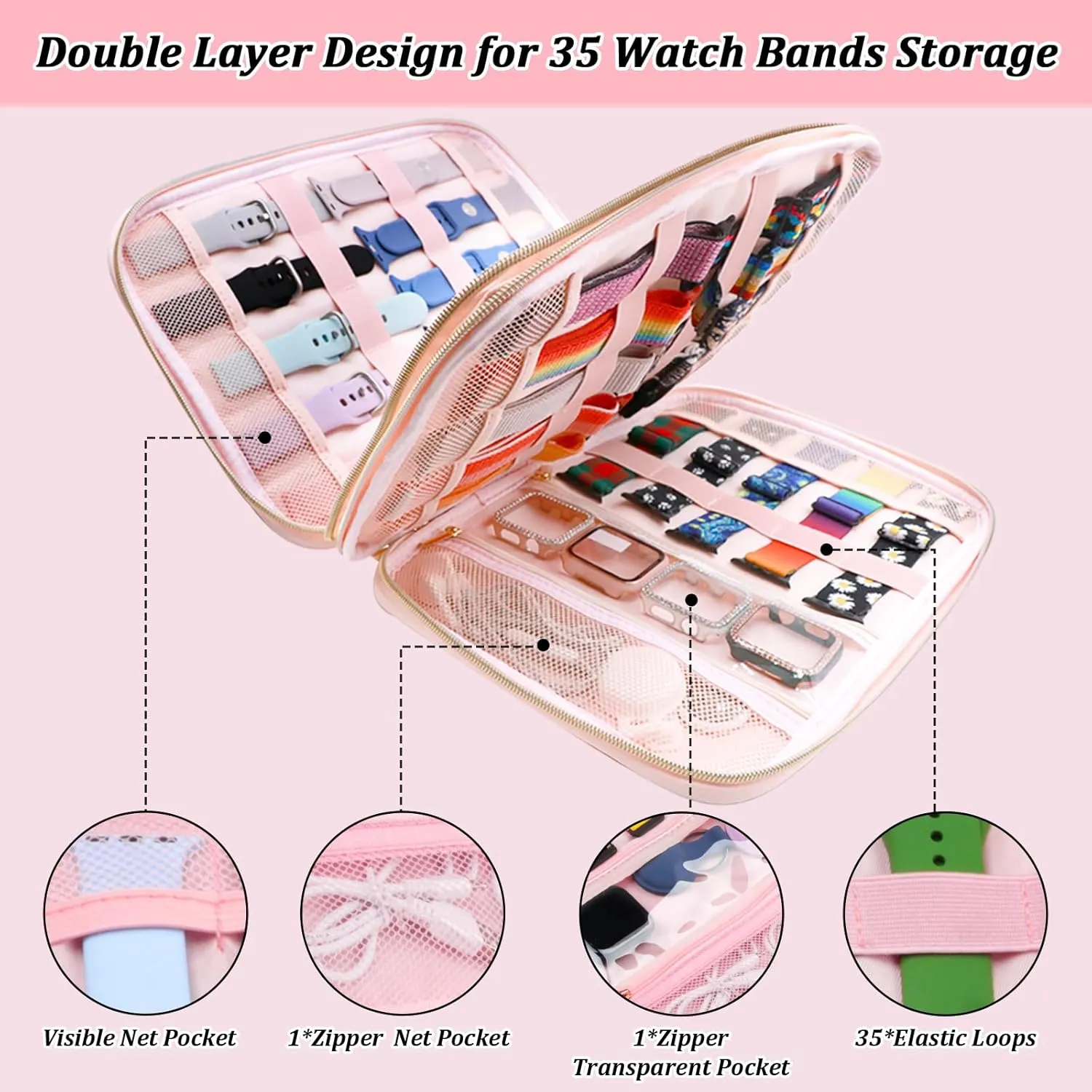 Watch Band Case Organizer for Apple Watch Band, Soft Velvet Watch Band Holder for 35 Watch Straps, Portable Travel Storage Bag for iWatch Band, Pin, Headphone& Other Accessories (Pink)