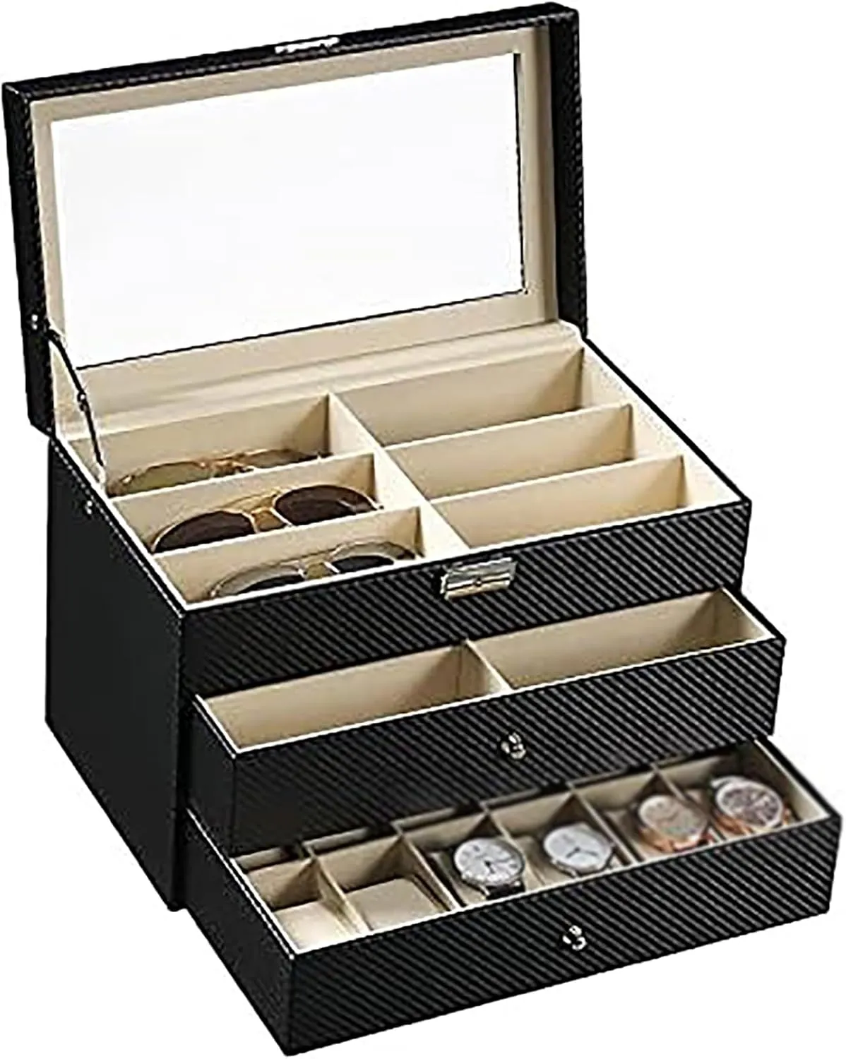 Watch Box, 24 Slots, 3 Levels, PU Leather, Watch Showcase, Sunglasses Case, Jewelry Box with Carbon Fiber Drawer