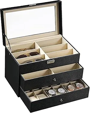 Watch Box, 24 Slots, 3 Levels, PU Leather, Watch Showcase, Sunglasses Case, Jewelry Box with Carbon Fiber Drawer