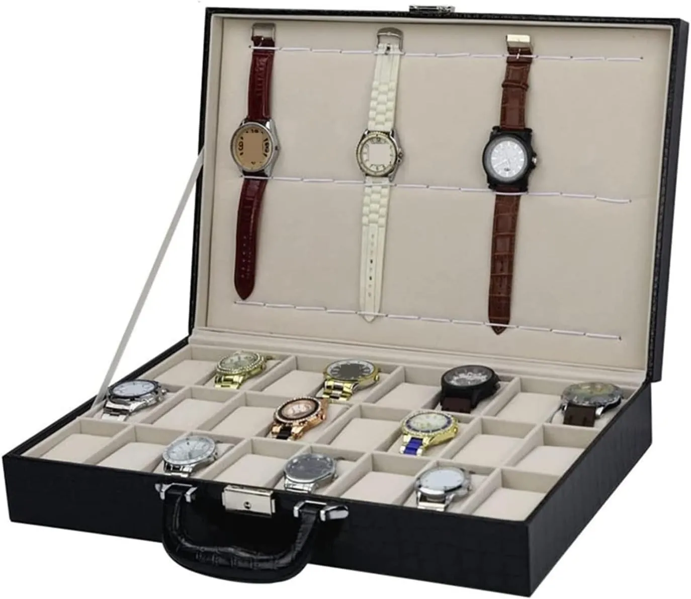 Watch Box Watch Case Watch Organizer Display Crocodile Pattern PU Leather 24 Slots 12 Positions Watch Box Watch Holder Tray Storage Case Watch Organiser Men