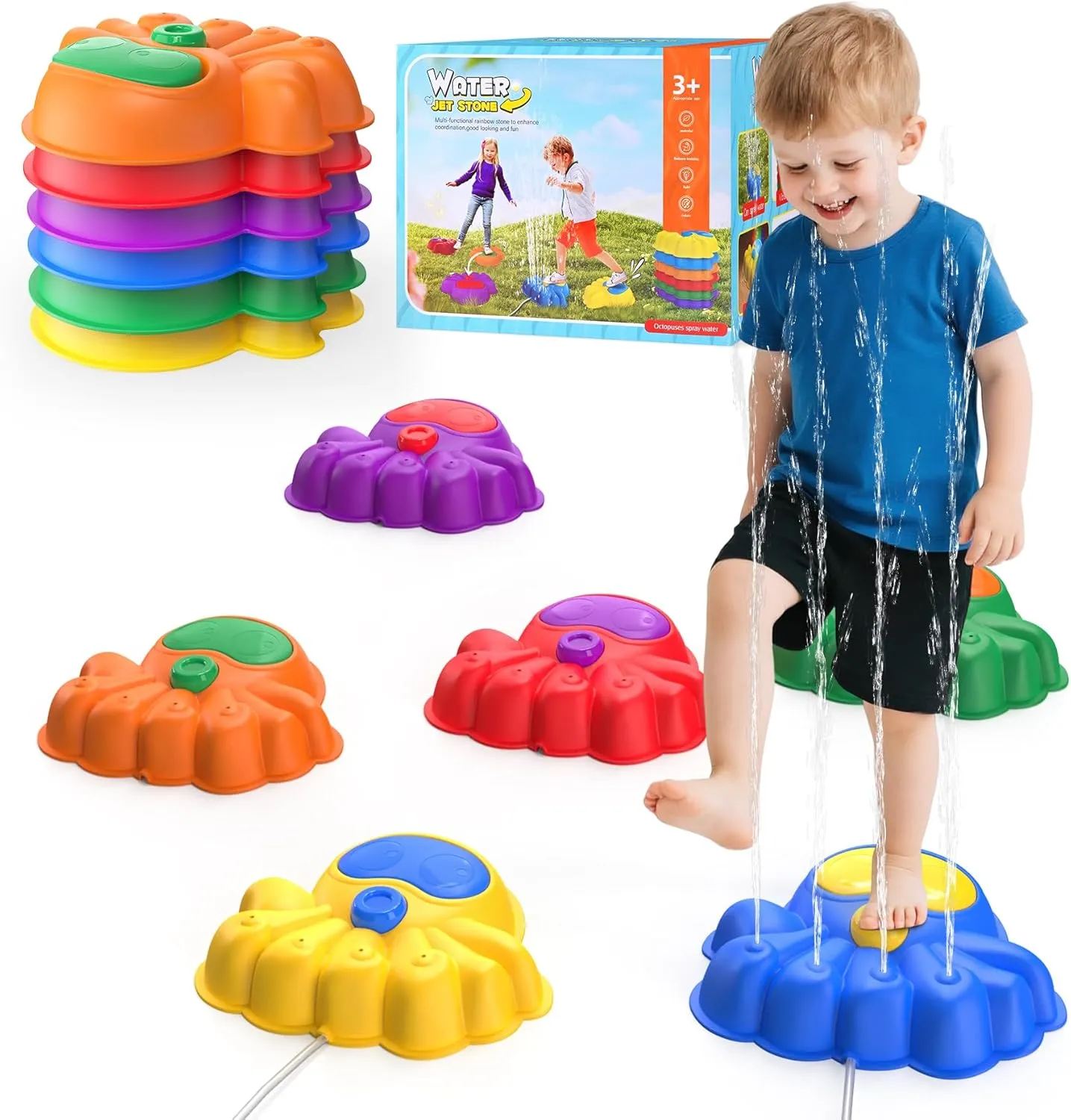Water Spraying & Light Up Stepping Stones for Kids, 6 Pcs Durable Non-Slip Toddler Stepping Stones, Indoor/Outdoor Games Toys for Kids, Obstacle Course for Kids 3  Years Old (Only 2Pcs Can Spraying)