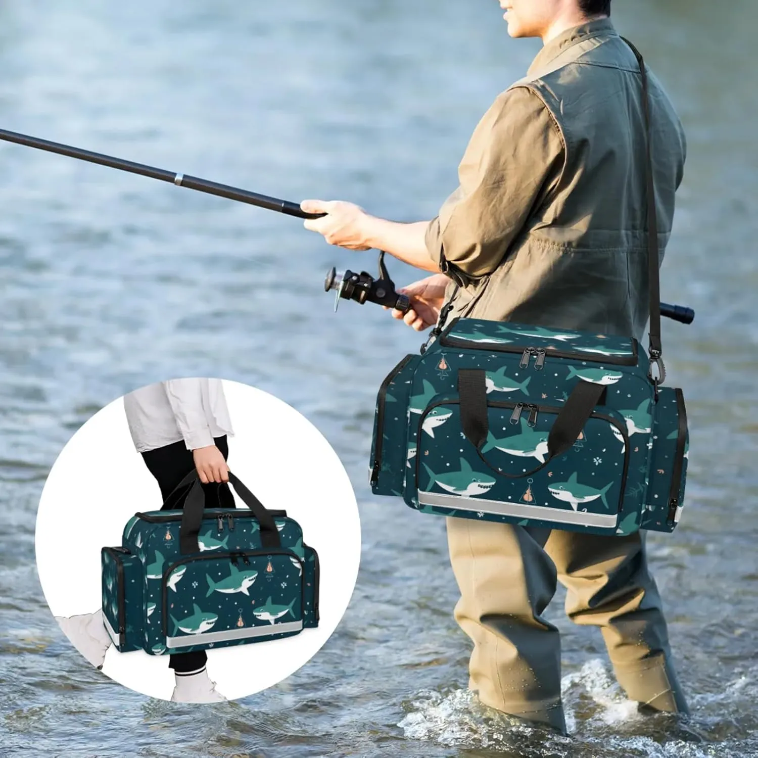 Waterproof Tactical Duffle Bag 25" Carry On Bag for EMT Tear-Resistant Gym Bag with Multi-Pocket & OSHA Reflective Travel Bags for Men Women Cute Shark