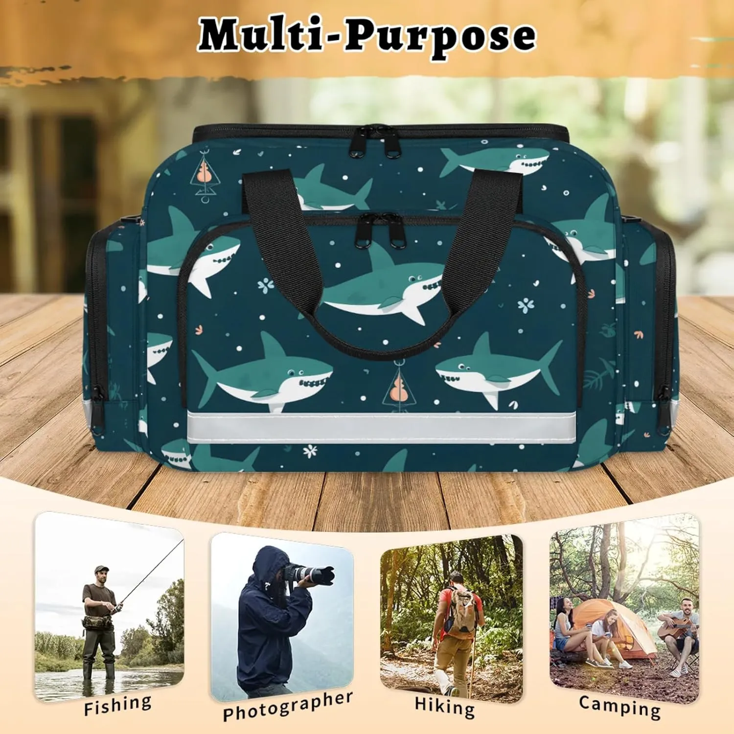 Waterproof Tactical Duffle Bag 25" Carry On Bag for EMT Tear-Resistant Gym Bag with Multi-Pocket & OSHA Reflective Travel Bags for Men Women Cute Shark
