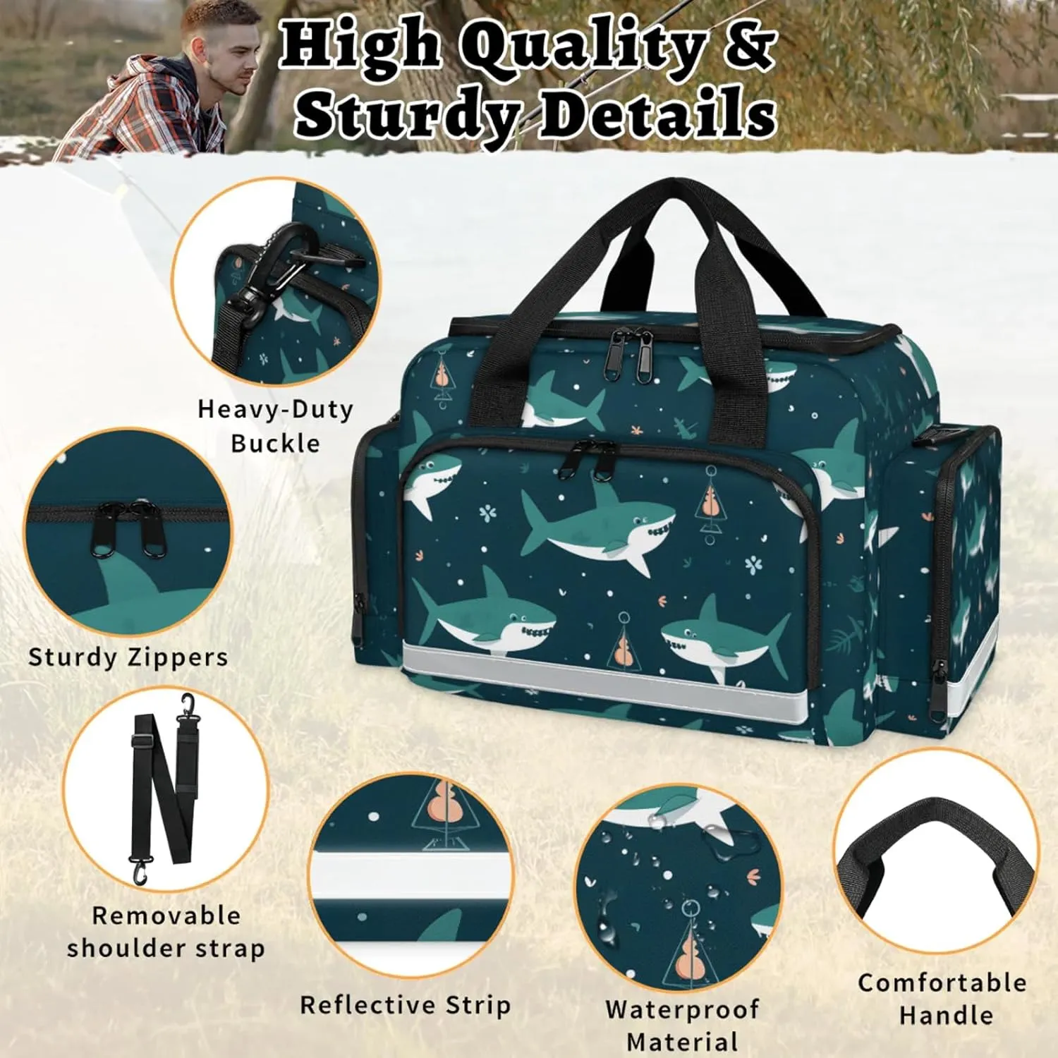 Waterproof Tactical Duffle Bag 25" Carry On Bag for EMT Tear-Resistant Gym Bag with Multi-Pocket & OSHA Reflective Travel Bags for Men Women Cute Shark