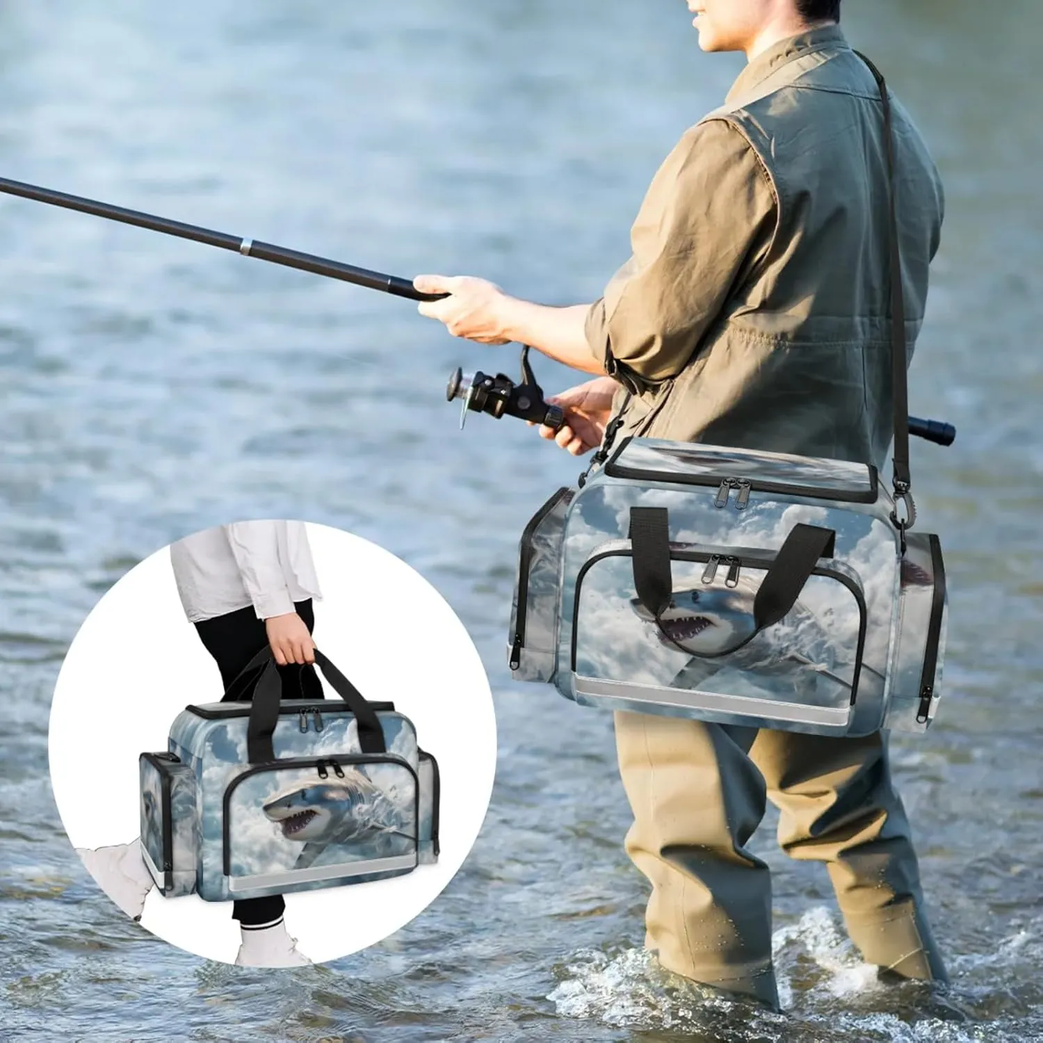 Waterproof Tactical Duffle Bag 25" Carry On Bag for EMT Tear-Resistant Gym Bag with Multi-Pocket & OSHA Reflective Travel Bags for Men Women Ocean Shark