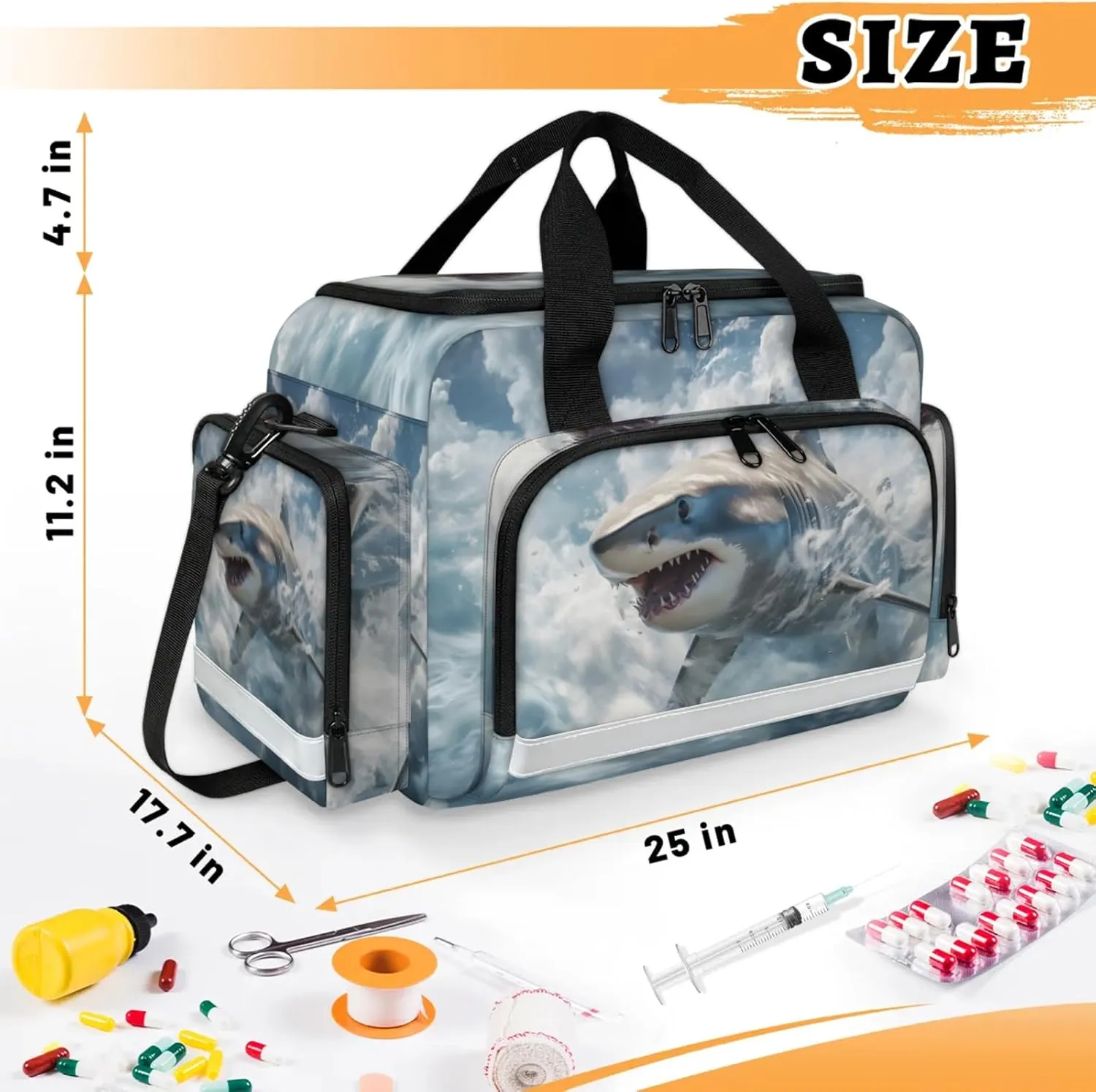 Waterproof Tactical Duffle Bag 25" Carry On Bag for EMT Tear-Resistant Gym Bag with Multi-Pocket & OSHA Reflective Travel Bags for Men Women Ocean Shark