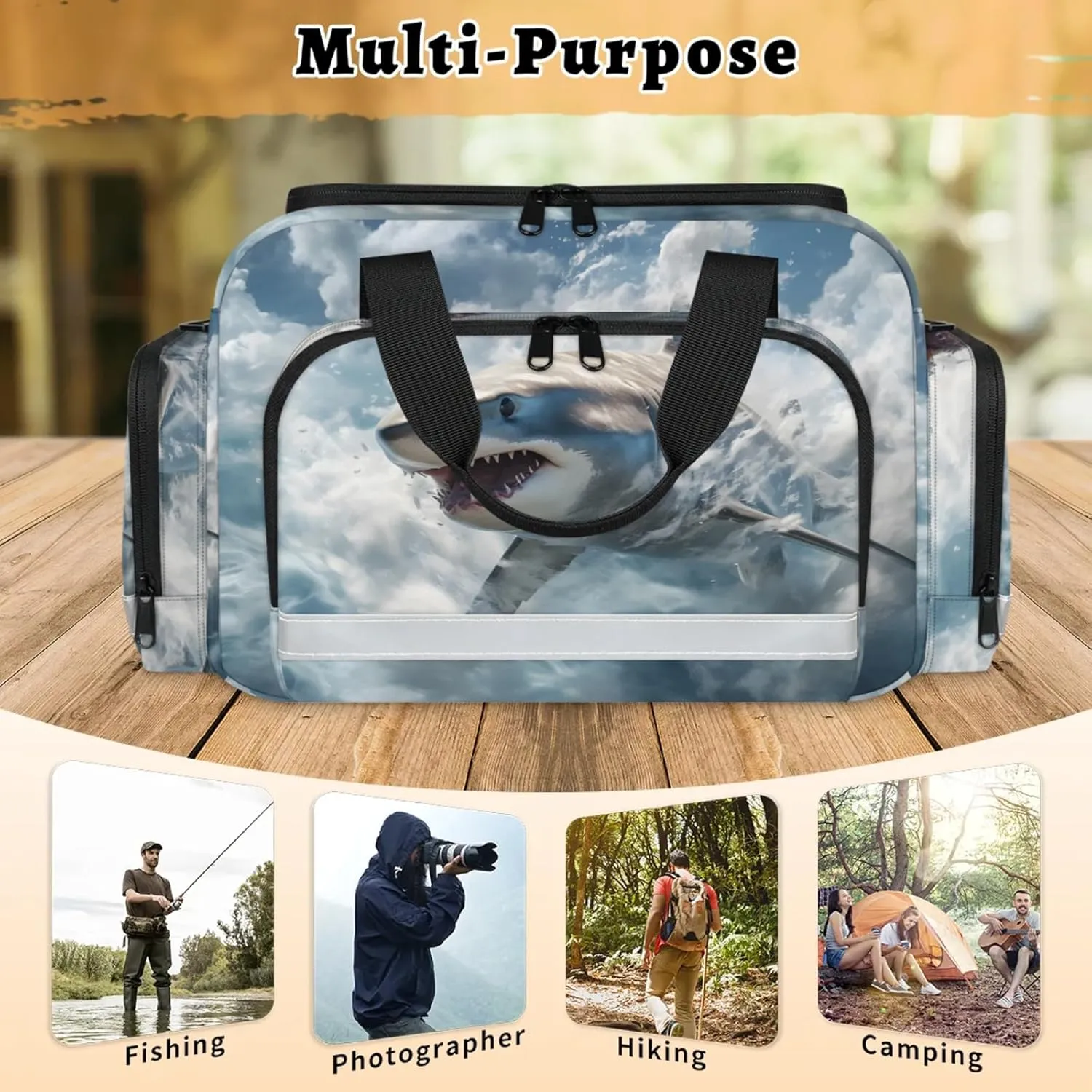 Waterproof Tactical Duffle Bag 25" Carry On Bag for EMT Tear-Resistant Gym Bag with Multi-Pocket & OSHA Reflective Travel Bags for Men Women Ocean Shark