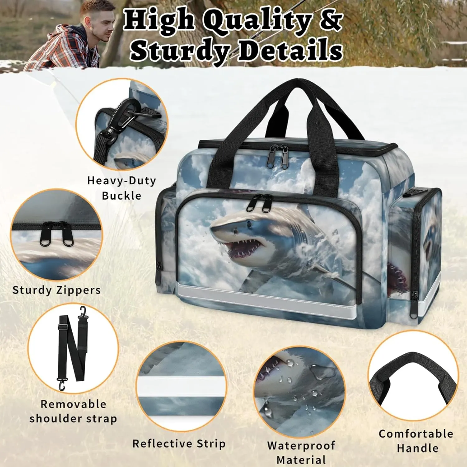Waterproof Tactical Duffle Bag 25" Carry On Bag for EMT Tear-Resistant Gym Bag with Multi-Pocket & OSHA Reflective Travel Bags for Men Women Ocean Shark