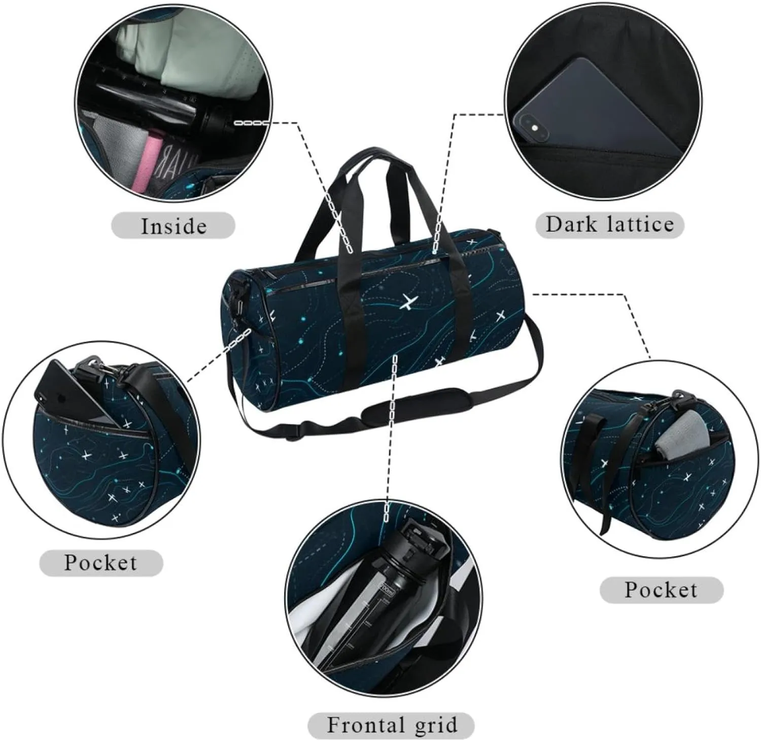 Weekender Travel Bag,Small Gym Bag,Airplane Line Gray Print,Gym Duffle Bag