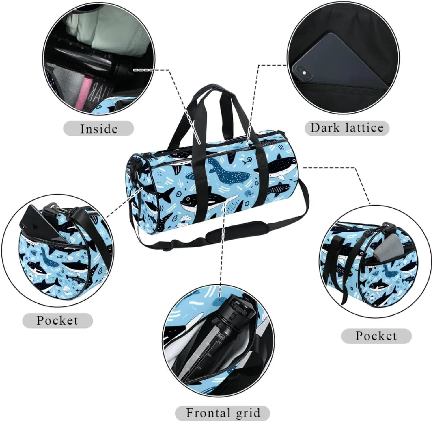 Weekender Travel Bag,Small Gym Bag,Cartoon Dolphin Fish Sea Black Blue,Gym Duffle Bag