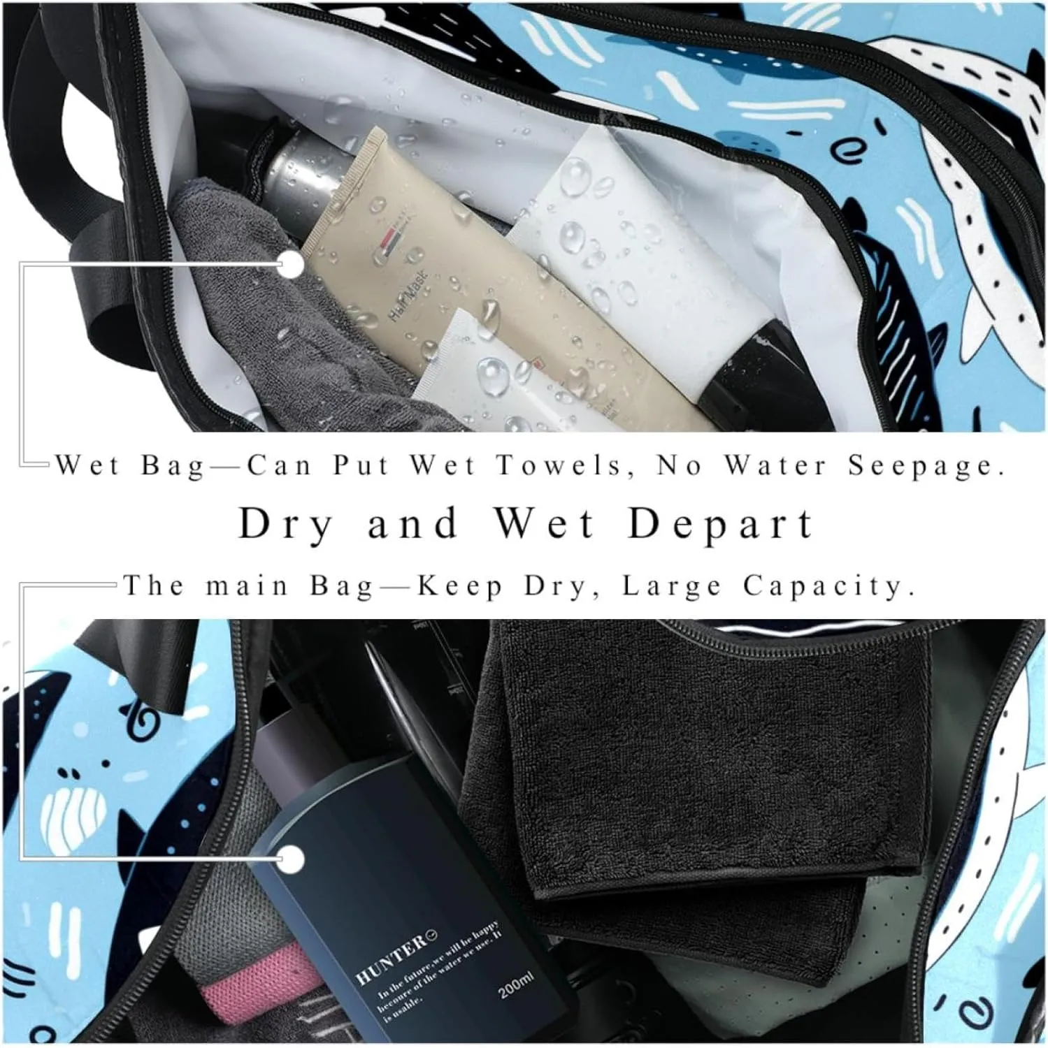 Weekender Travel Bag,Small Gym Bag,Cartoon Dolphin Fish Sea Black Blue,Gym Duffle Bag
